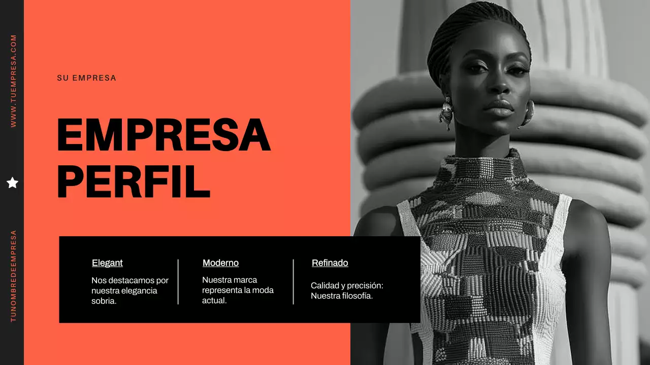 Perfil de empresa moderno y minimalista en naranja y negro