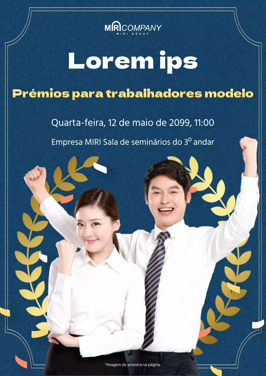 Um anúncio elegante, azul-marinho e dourado, de prémios para trabalhadores exemplares