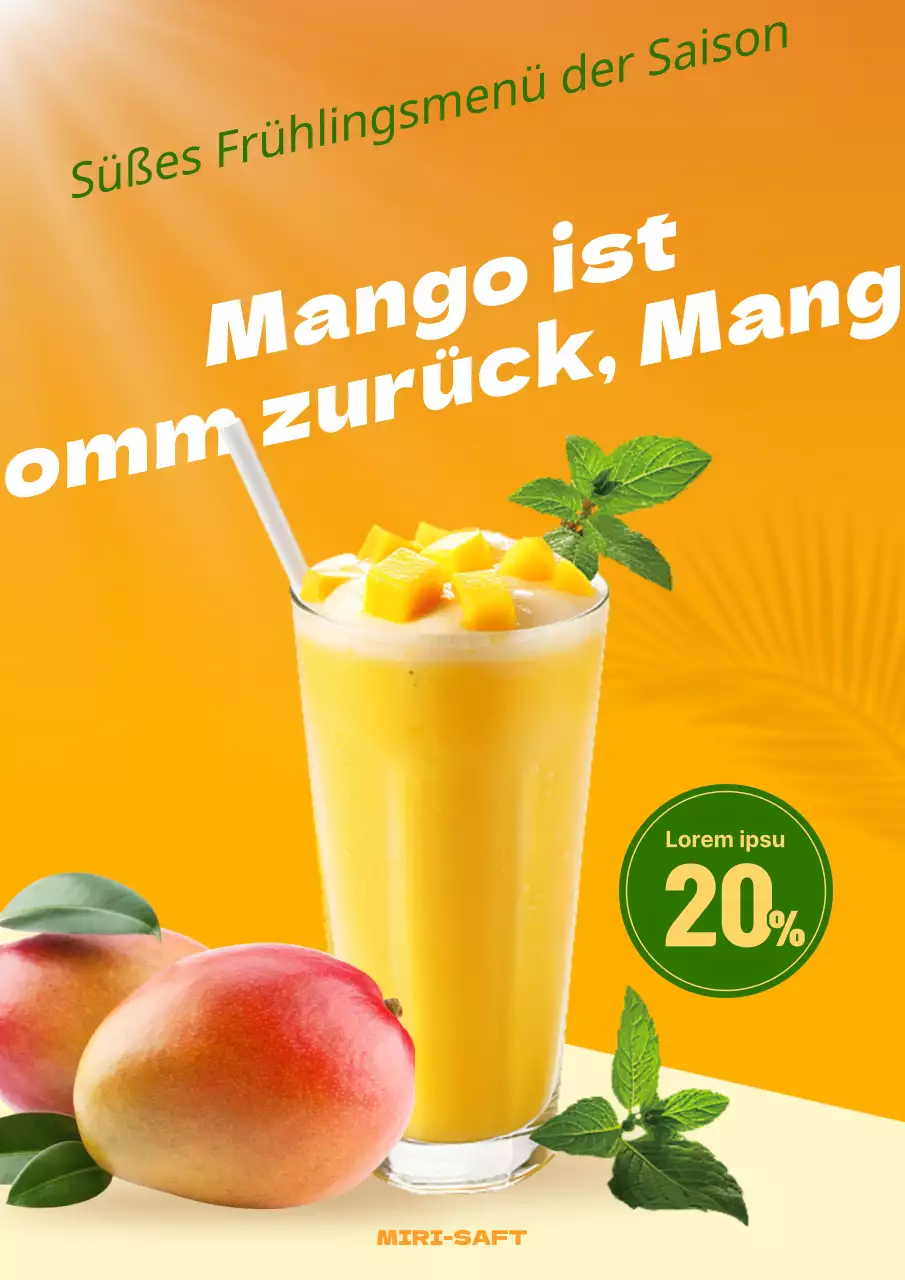 Ein einfaches gelbes Plakat, das für den saisonalen Menüverkauf im Cafe Mangoade wirbt.