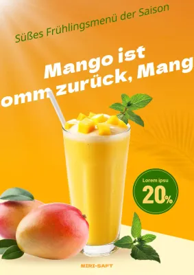 Ein einfaches gelbes Plakat, das für den saisonalen Menüverkauf im Cafe Mangoade wirbt.