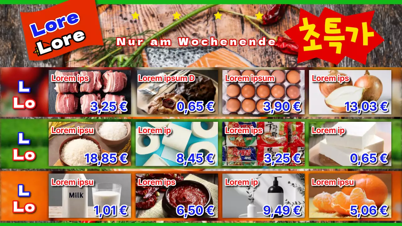 Werbung für rote und blaue Retro-Flyer in Lebensmittelgeschäften