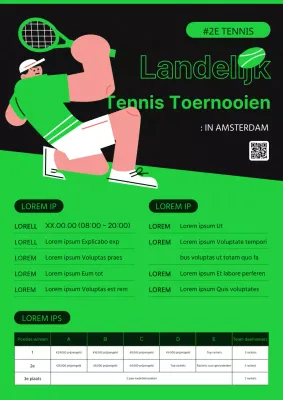 Strakke flyer voor nationaal tennistoernooi in groen en zwart