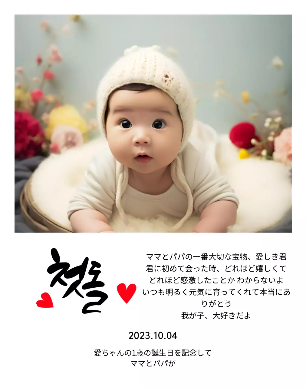 四角い写真とカリグラフィーが入ったかわいい雰囲気の初돌牌です。