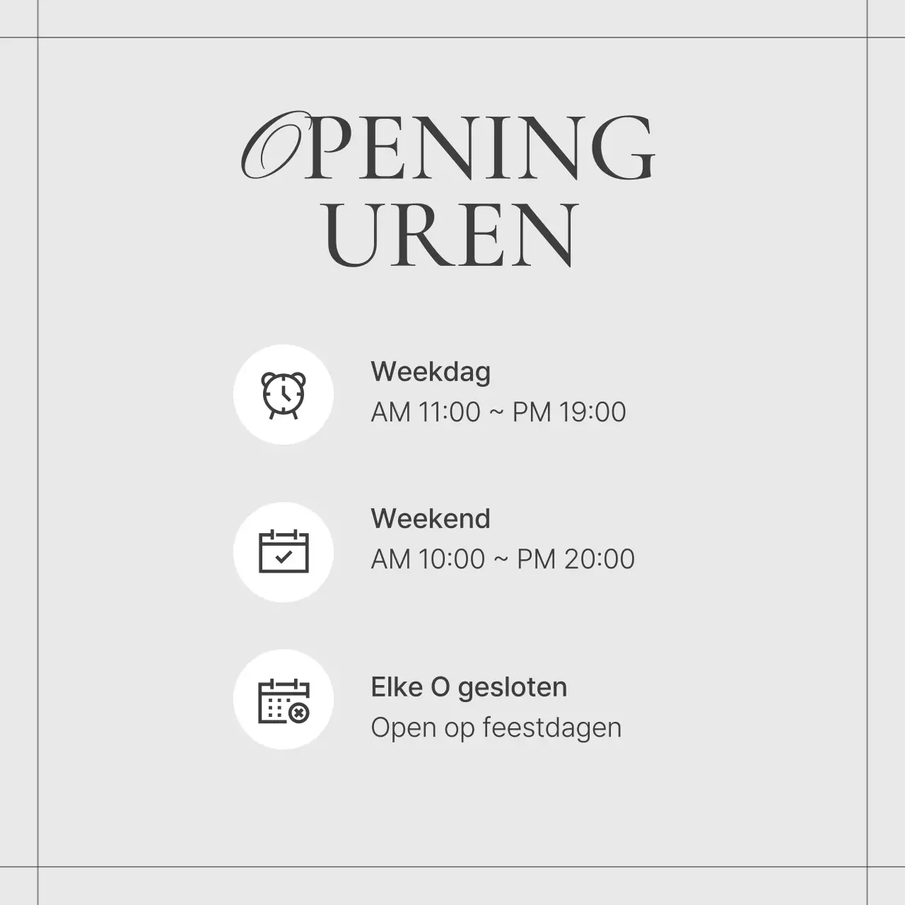 Een eenvoudige marketingfeed met beige en ivoorkleurige openingstijden