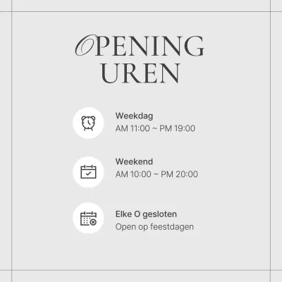 Een eenvoudige marketingfeed met beige en ivoorkleurige openingstijden