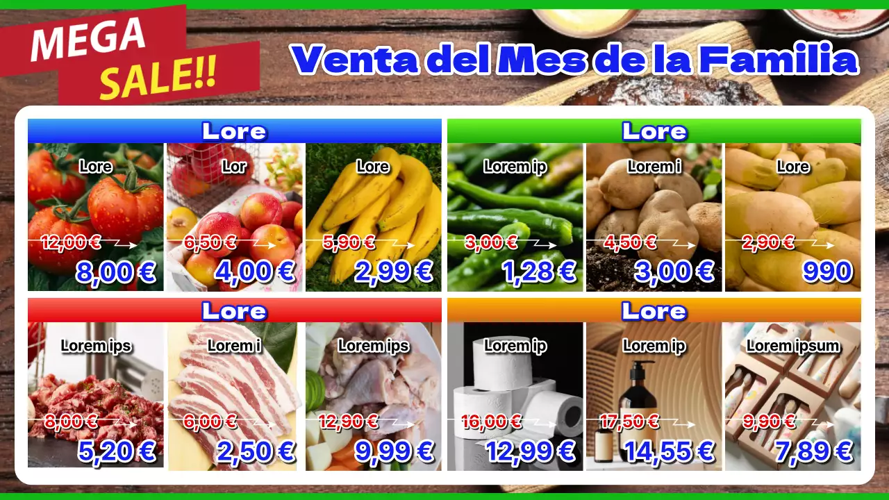 Promocionar los folletos retro rojos y azules de las tiendas de comestibles