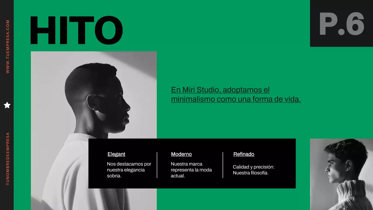 Perfil de empresa moderno y minimalista en naranja y negro