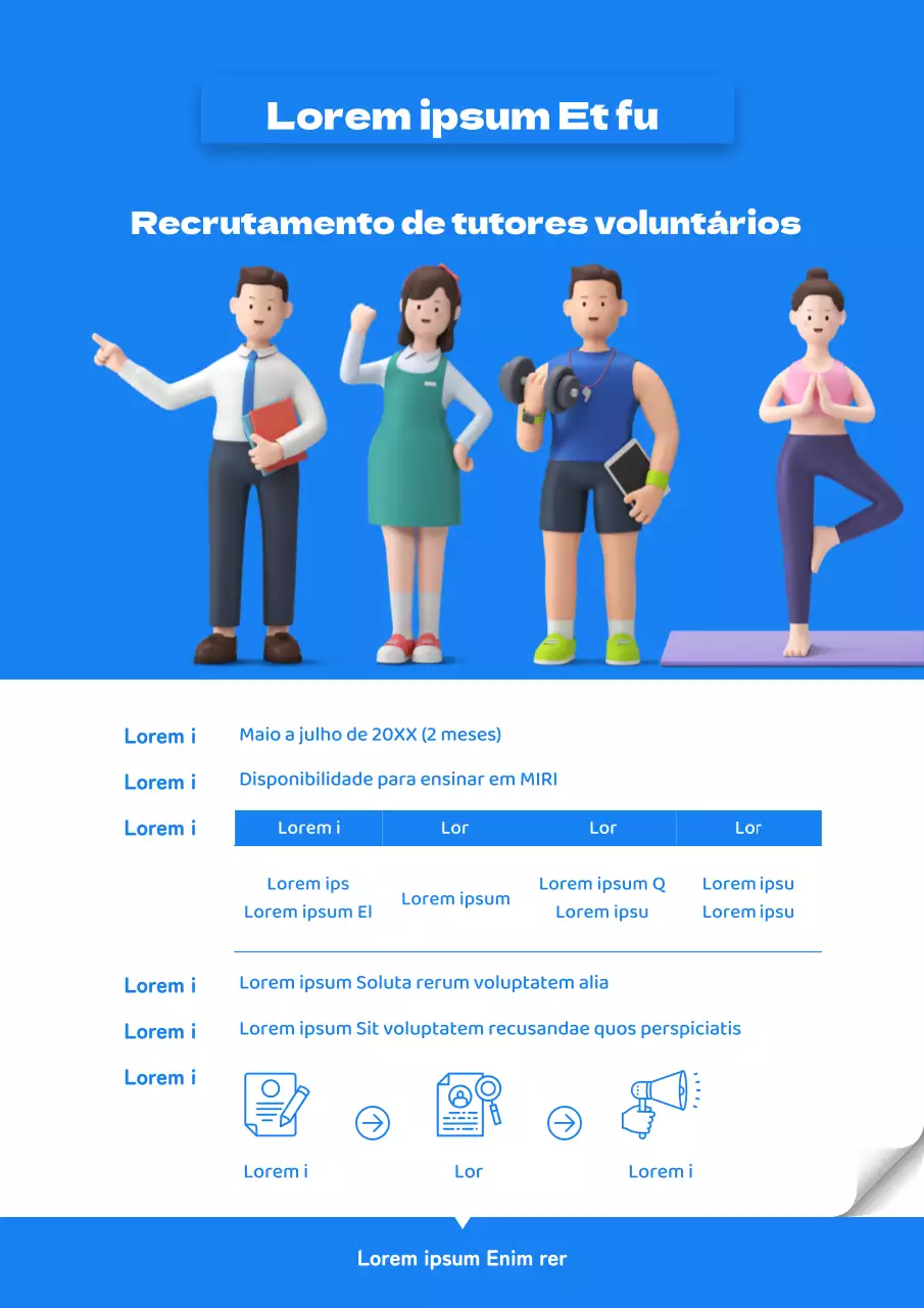 Folheto simples de recrutamento de voluntários em azul e branco
