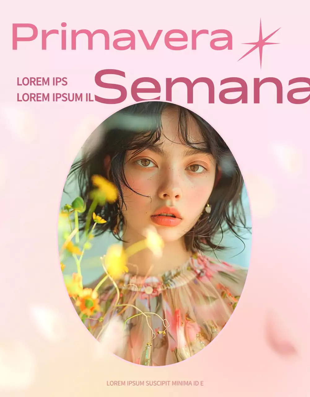 Moderno anuncio promocional de primavera en rosa y amarillo