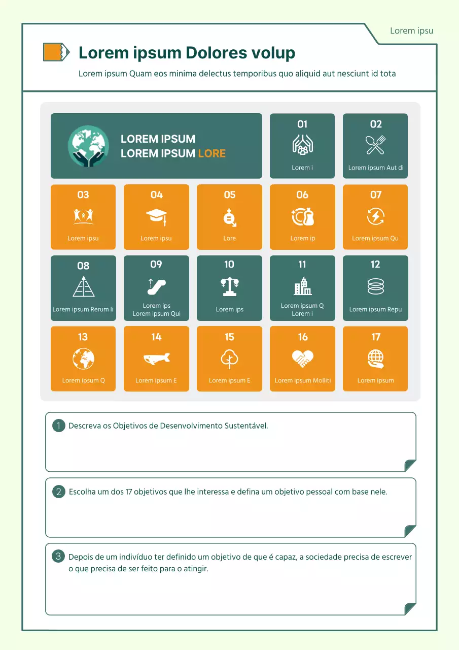 Plano de aula simples sobre os Objectivos de Desenvolvimento Sustentável em verde e laranja