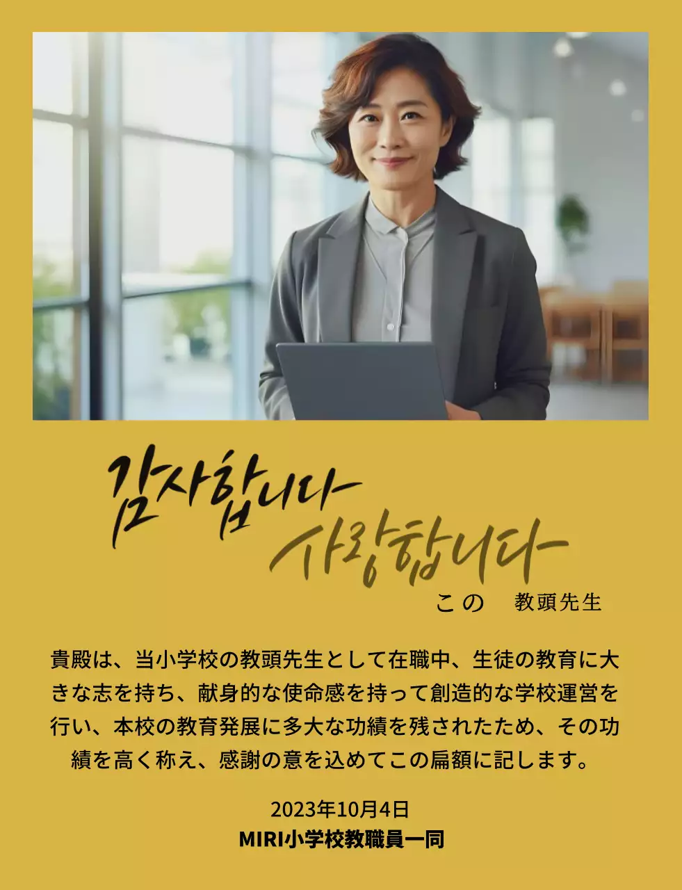 写真とカリグラフィーが施された高級感のある感謝プレート