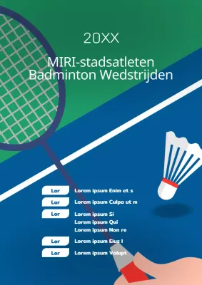 Een eenvoudige blauw-witte promotiefolder voor een badmintontoernooi