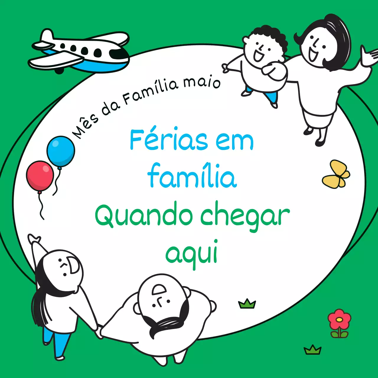Anúncio de viagem familiar minimalista em verde e branco
