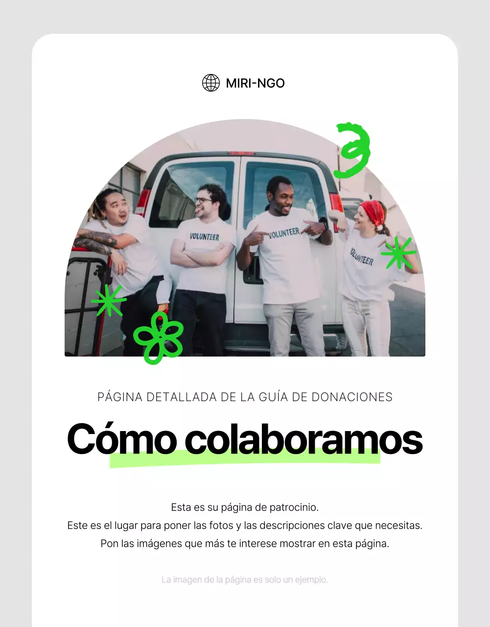 Información sencilla sobre el patrocinio de ONG en blanco y colores fluorescentes