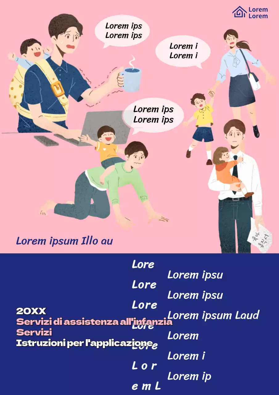 Simpatico volantino rosa e blu navy che promuove i servizi di assistenza all'infanzia