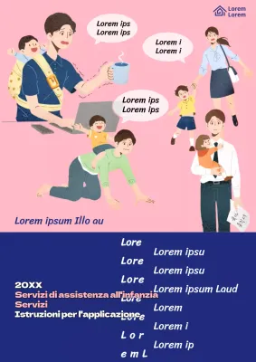 Simpatico volantino rosa e blu navy che promuove i servizi di assistenza all'infanzia