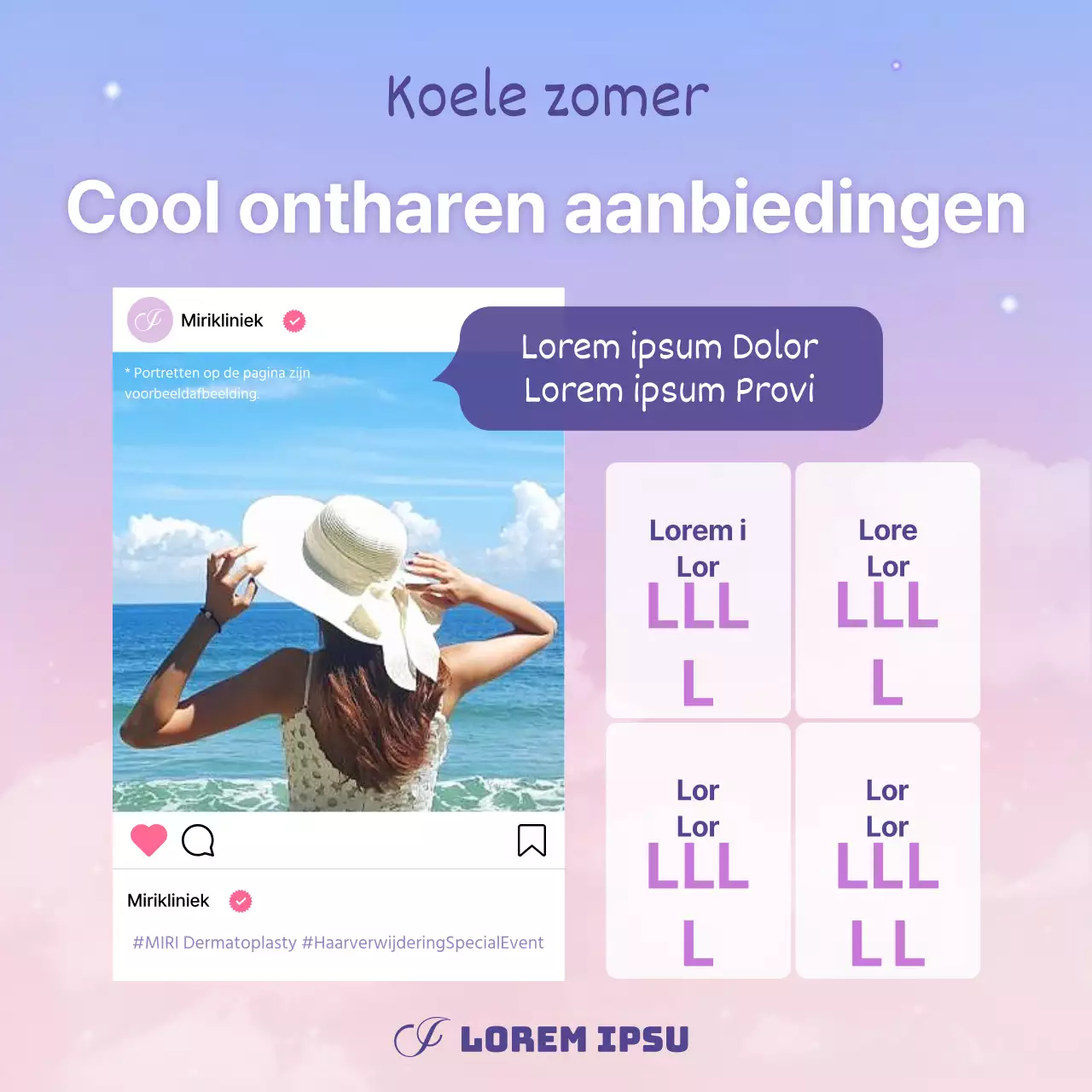 Trendy advertentie voor dermatologie en plastische chirurgie in paars en mauve