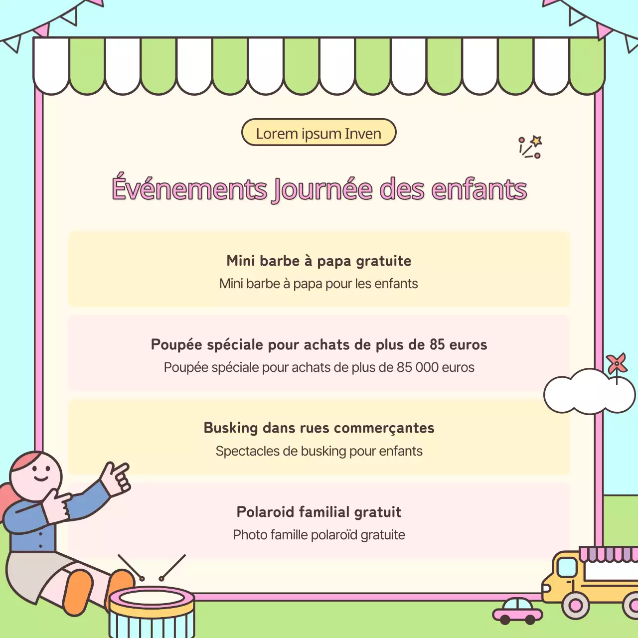 Promouvoir un événement kitsch pour la Journée de l'enfance en rose et chartreuse