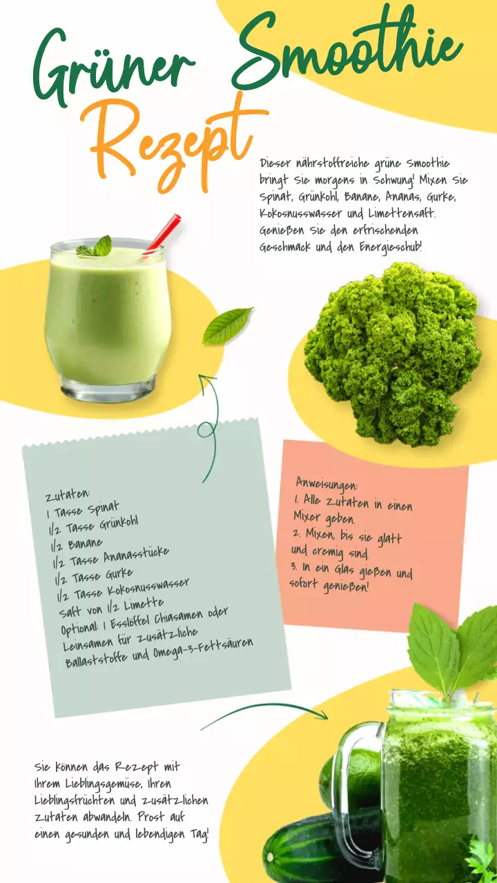 Grüner und gelber natürlicher erfrischender grüner Smoothie-Rezept