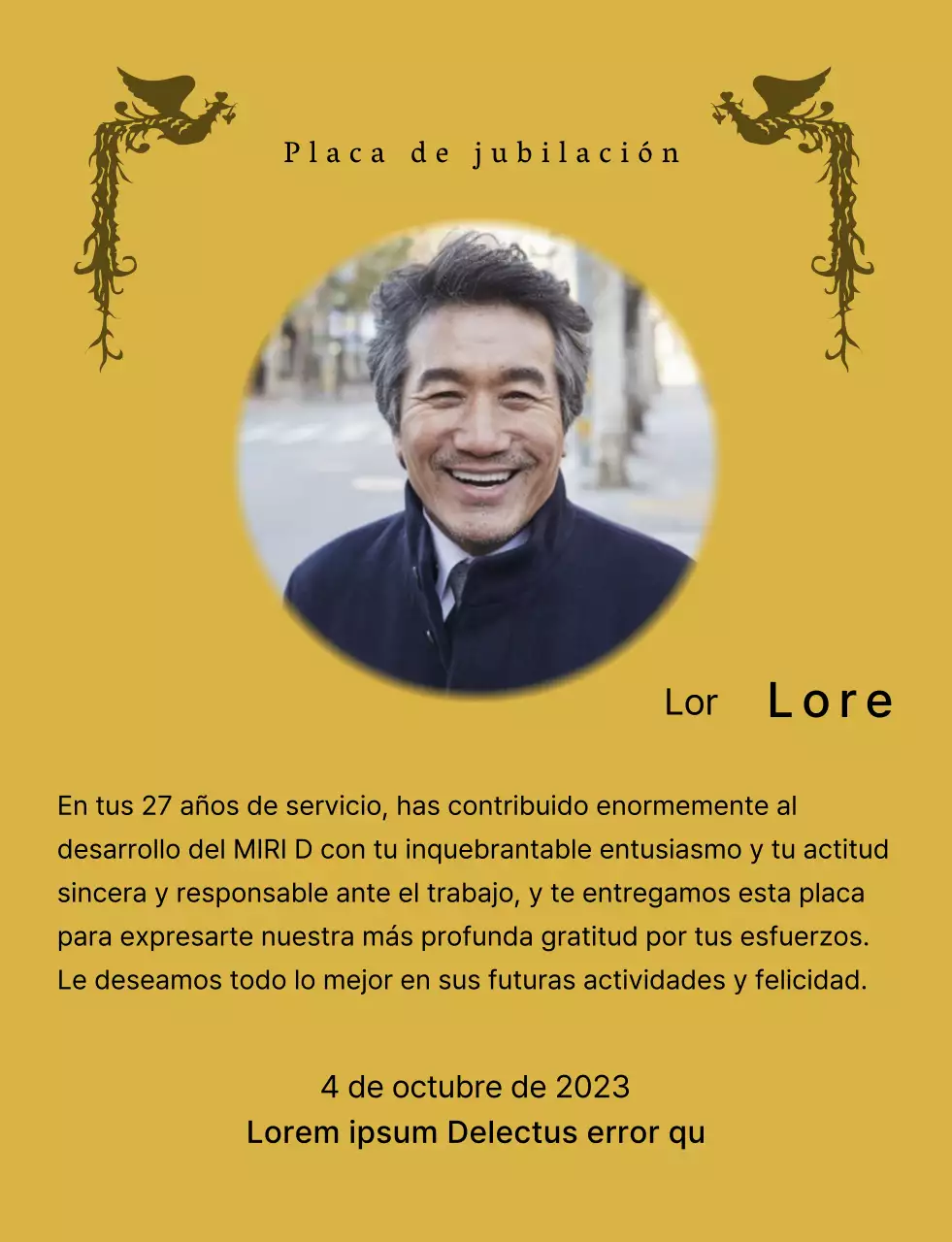 Un diseño de jubilación con una colorida ilustración de un ave fénix y una fotografía circular.