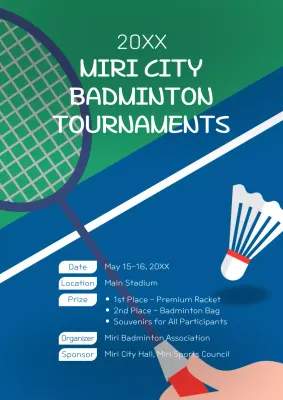 A simple blue and white promotional flyer for a badminton tournament
