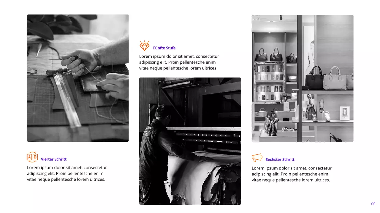 Moderne Marketing-Berichtsseiten in Indigo und Orange mit verschiedenen Layouts