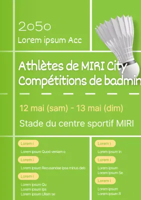 Un joli flyer de tournoi de badminton en chartreuse et jaune.