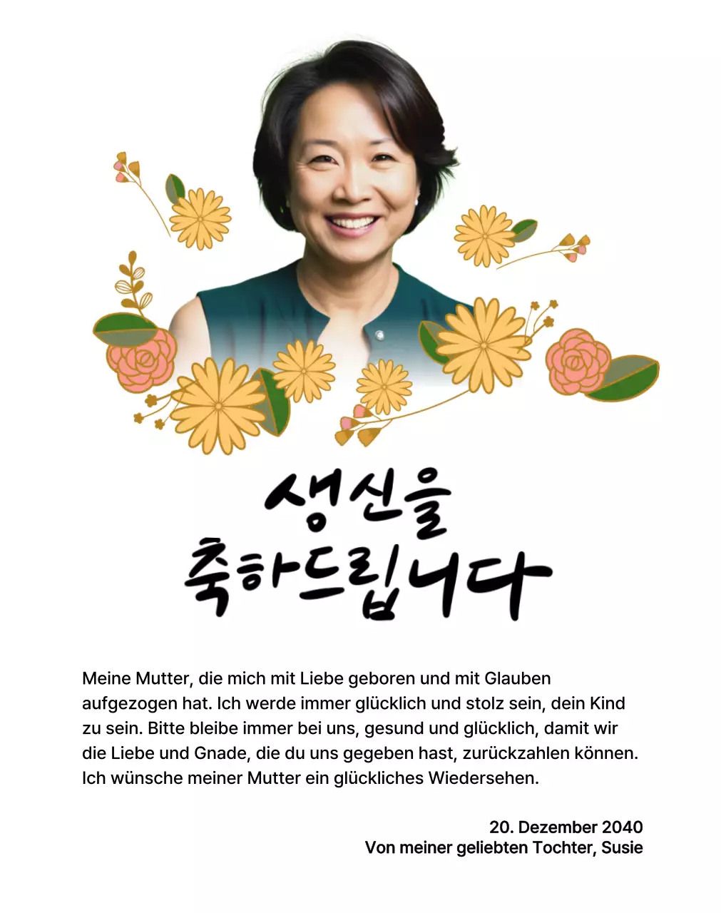 Happy Birthday mit einer Blume und einem Bild deiner Eltern