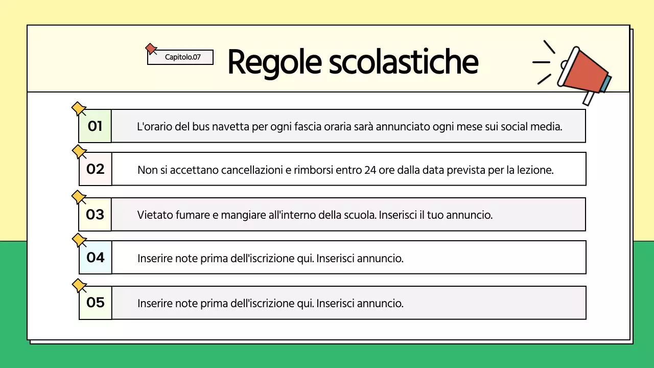 Prospetto scolastico giallo e verde
