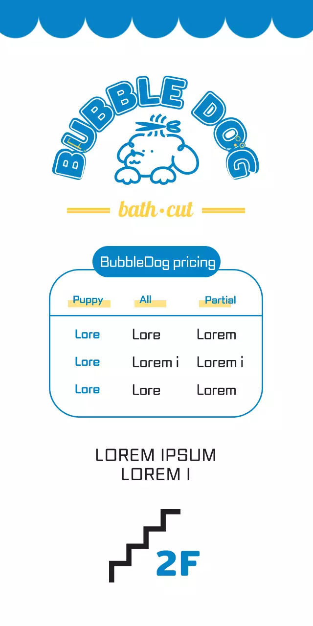 2024 Design a wayfinding banner with a grooming salon pet price list using a puppy illustration and a cute font.