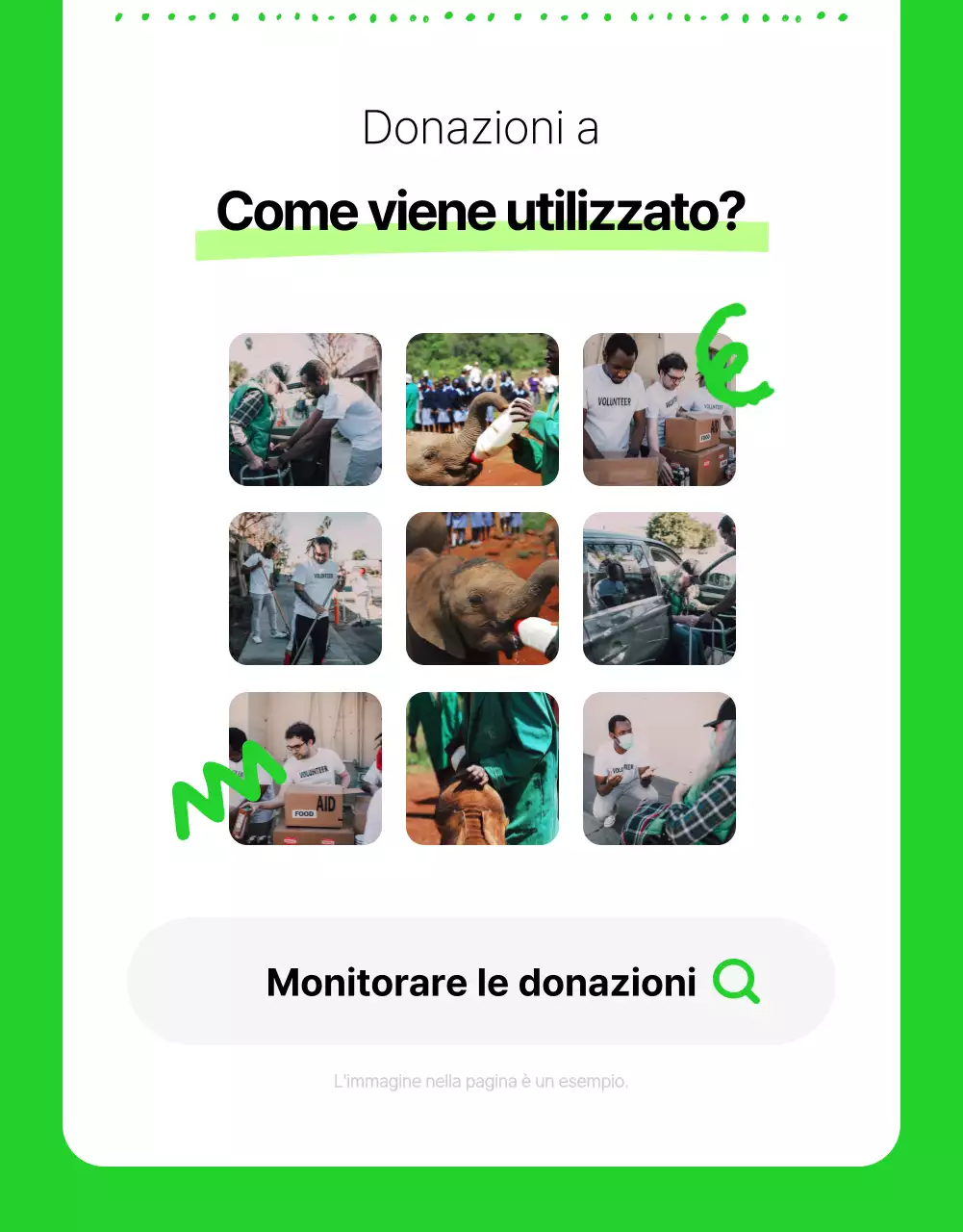 Informazioni semplici sulla sponsorizzazione della ONG in bianco e in colori fluorescenti