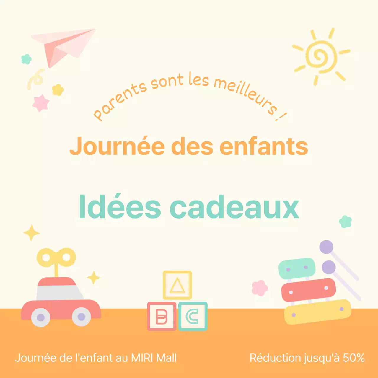 Faites la promotion d'une jolie journée des enfants dans un centre commercial en ivoire et orange