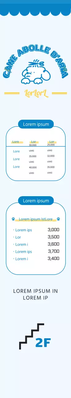 2024 Progettazione di un banner di orientamento con un listino prezzi di un salone di toelettatura per animali domestici utilizzando un'illustrazione di un cucciolo e un font carino per un asilo per cani