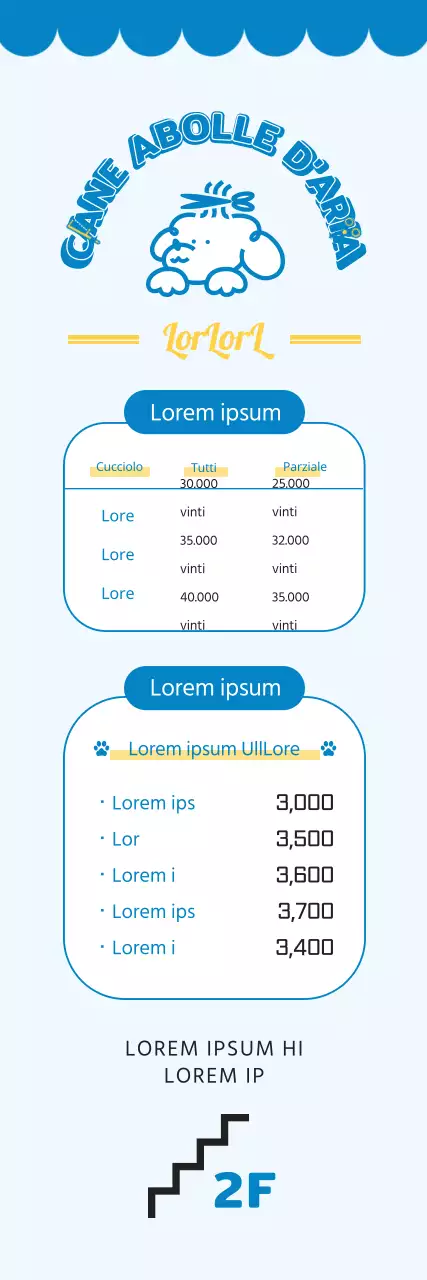 2024 Progettazione di un banner di orientamento con un listino prezzi di un salone di toelettatura per animali domestici utilizzando un'illustrazione di un cucciolo e un font carino per un asilo per cani