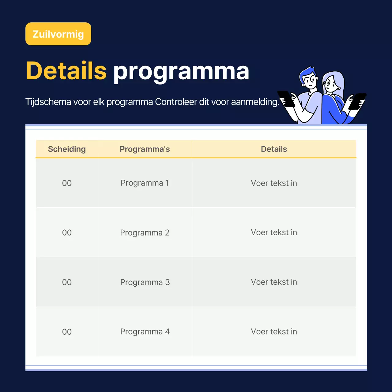 Aankondigingen met een eenvoudige tafel in marineblauw en geel