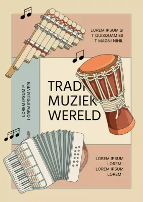 Moderne traditionele reclameposter voor muziekfestival in beige en lichtblauw