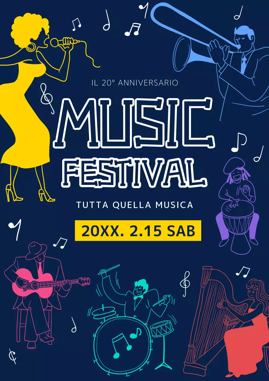 Poster promozionale per un festival musicale con illustrazioni di persone che suonano vari strumenti in blu navy.