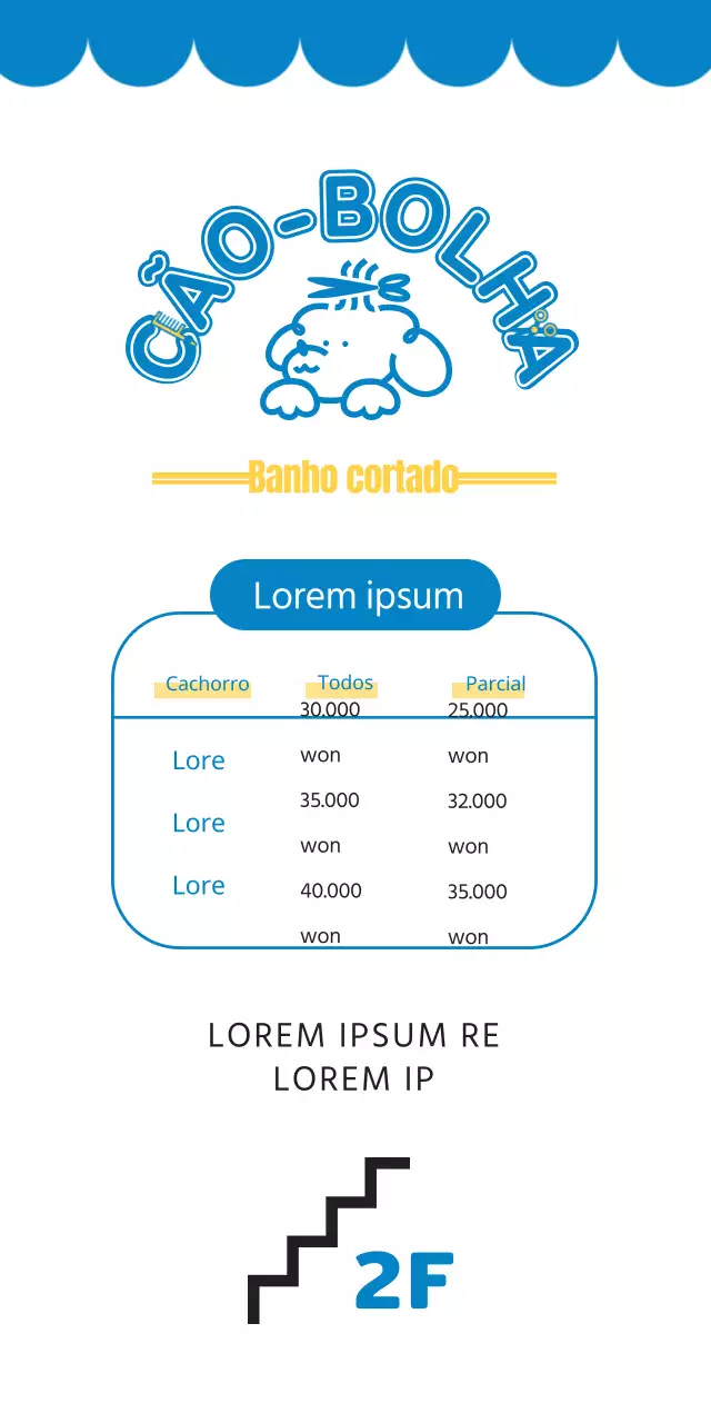 2024 Conceção de uma faixa de orientação com uma lista de preços de um salão de beleza para animais de estimação utilizando uma ilustração de um cachorro e um tipo de letra bonito para uma creche para cães