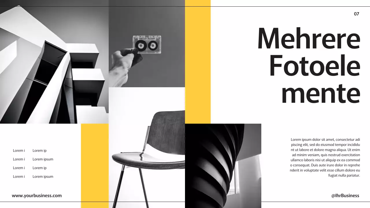 Schwarzgelbe moderne Geschäftspräsentationsseiten mit verschiedenen Layouts