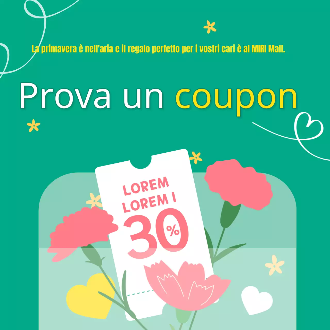 Un simpatico annuncio di buoni sconto primaverili in verde e giallo