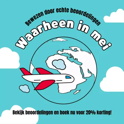 Een eenvoudige, lichtblauwe en witte advertentie voor de topbestemmingen van mei