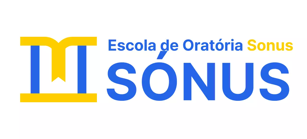 Desenho a cores de uma escola de oratória com um ícone que representa um pódio