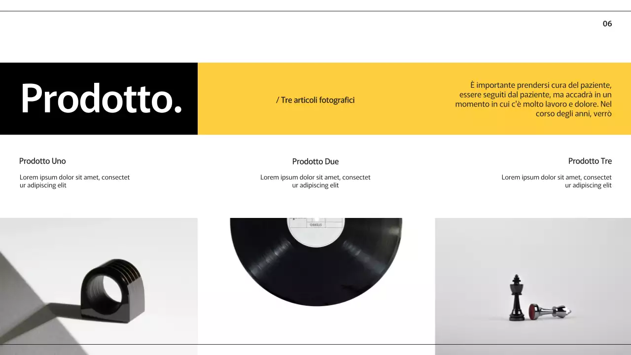 Pagine di presentazione aziendale moderne giallo nero con vari layout