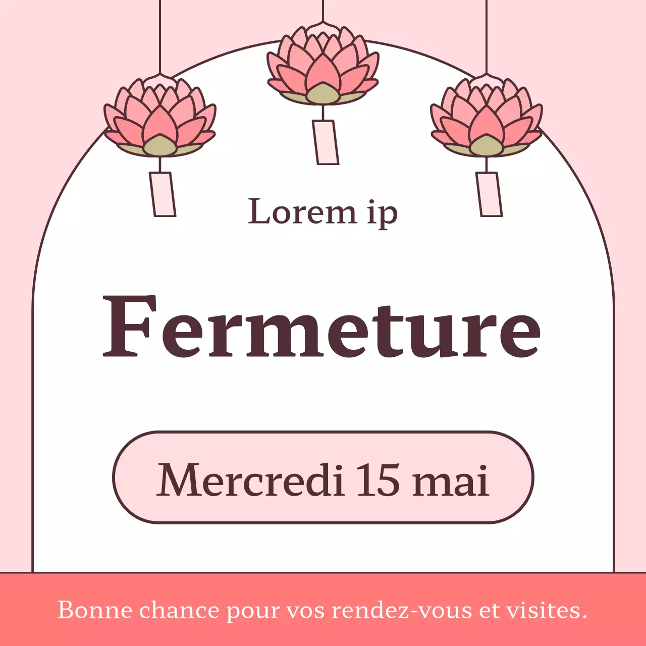 Un simple faire-part de fermeture rose et marron pour la Journée du Bouddha