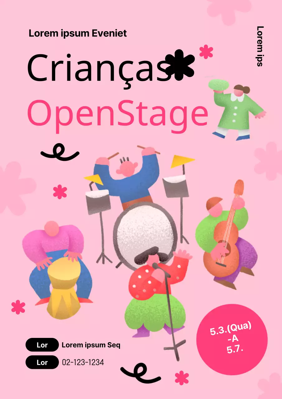 Bonito cartaz cor-de-rosa e preto para promover um espetáculo no Dia da Criança