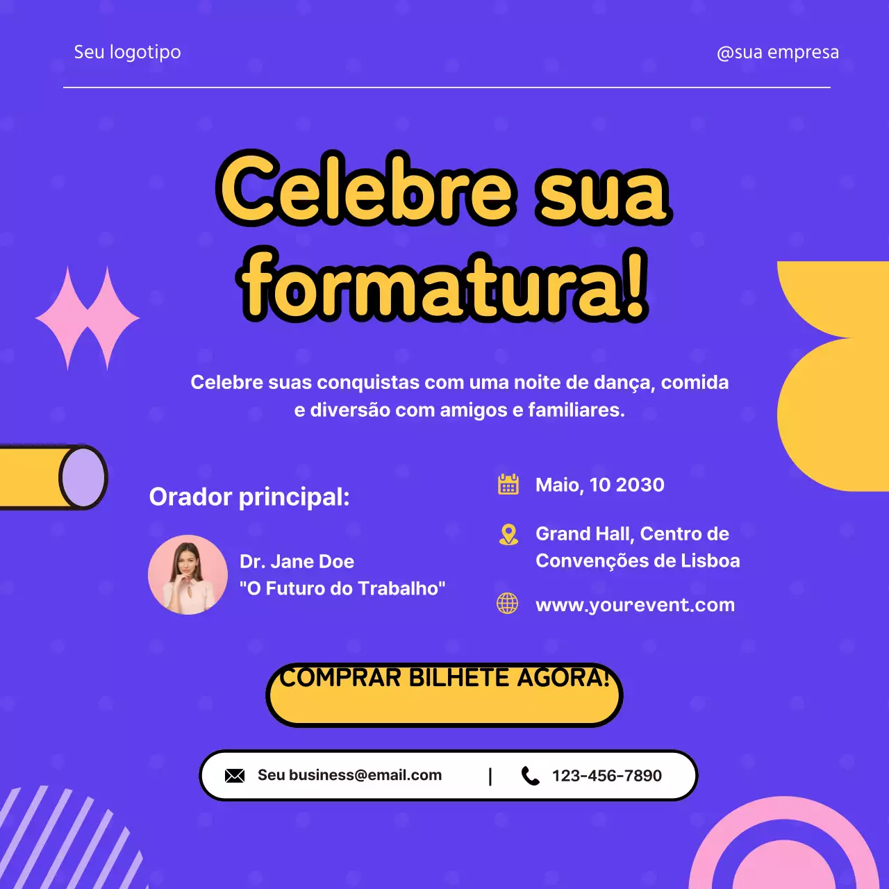 Publicidade moderna azul e amarela para a época de formatura