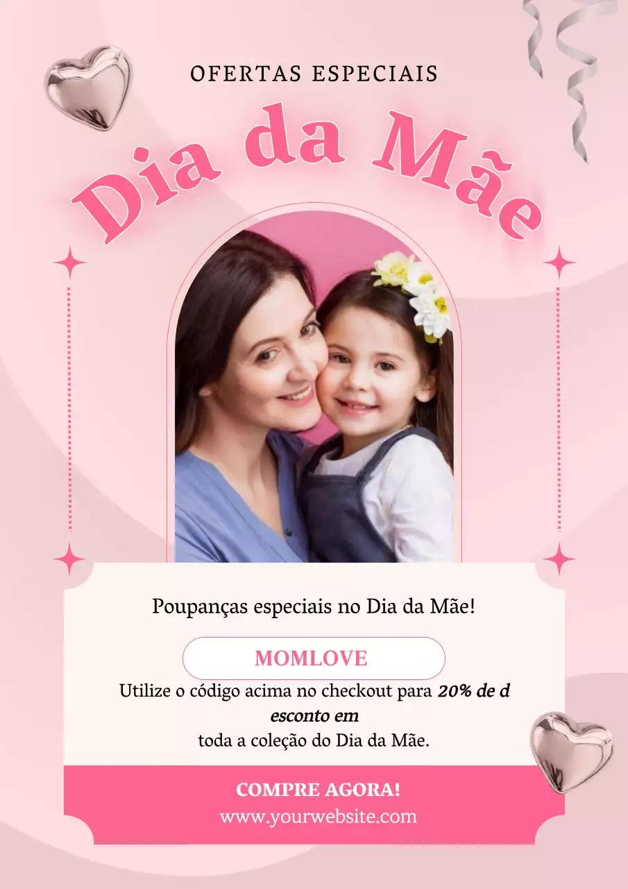 Folheto de promoção de desconto para o Dia da Mãe Rosa Simples
