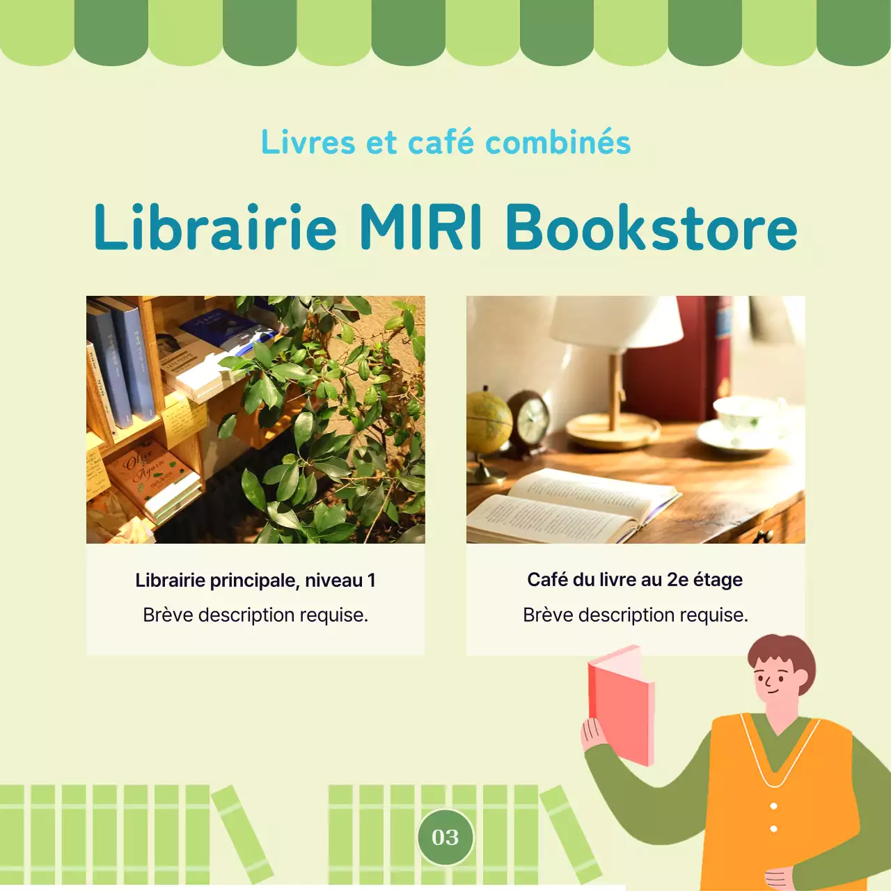 Guide de visite de cette librairie jaune et verte