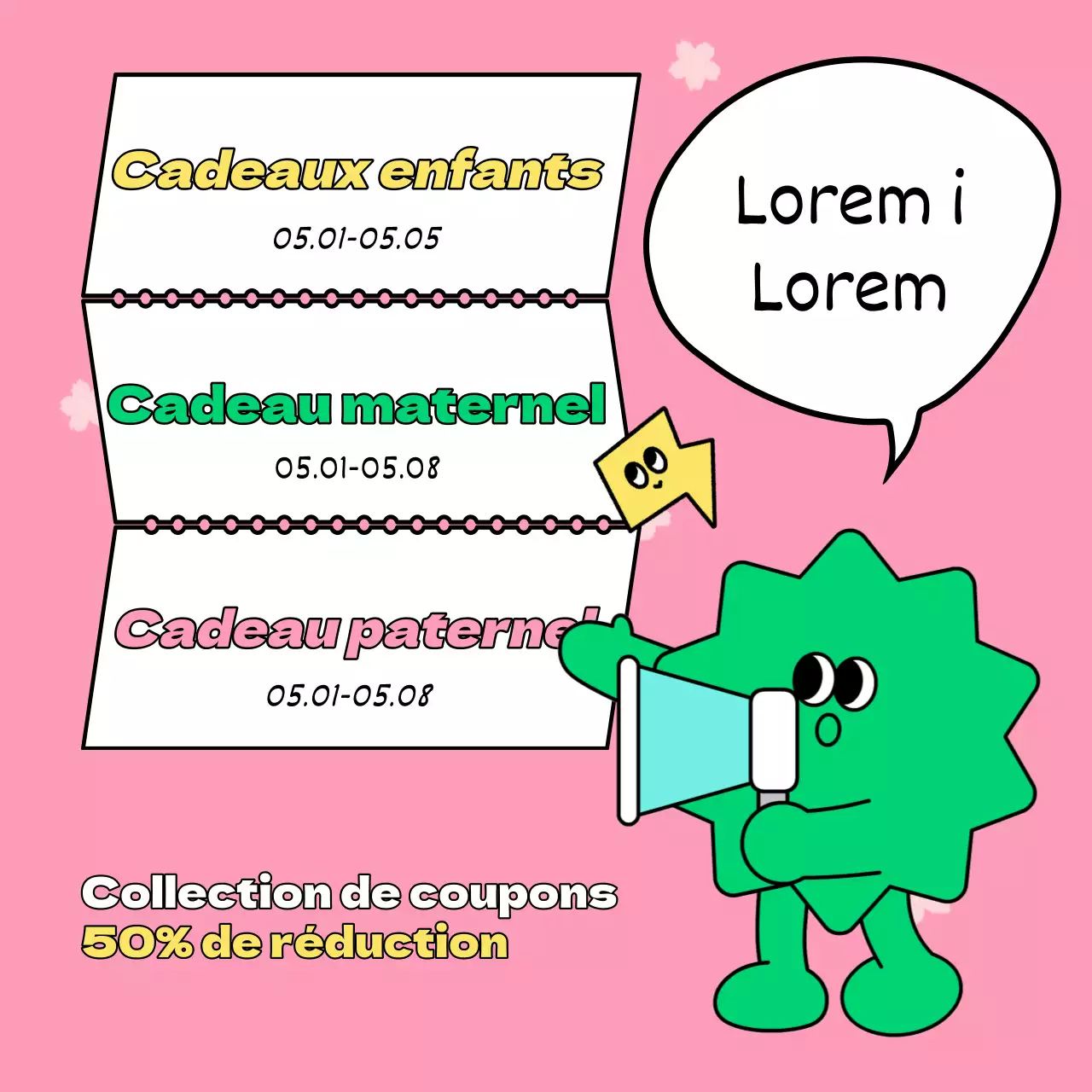 Publicité rose et bleu clair pour le mois de la famille et les soldes de printemps