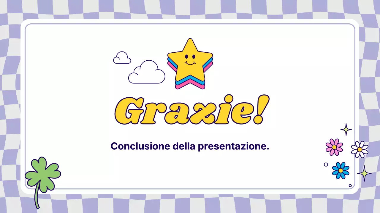 Prospetto informativo con adesivi kitsch viola e gialli